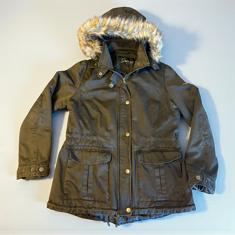 🚨3 for $15 GUESS Y2K Olive Green Jacket Coat Faux Fur Hood Women's Size Large - Picture 5 of 10